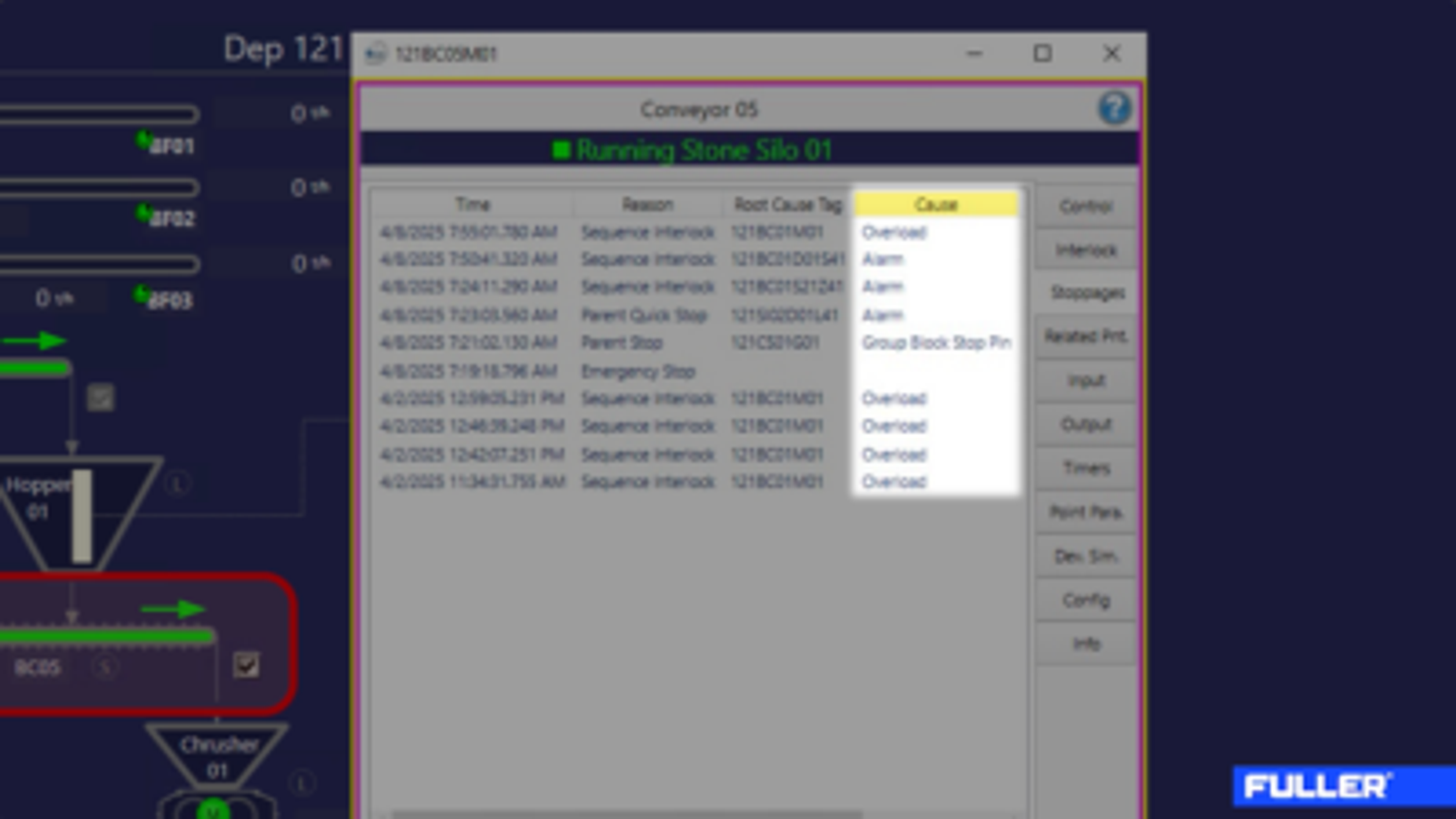 Root cause stoppages list in ECS/ControlCenter™ showing stop reasons, states and timestamps