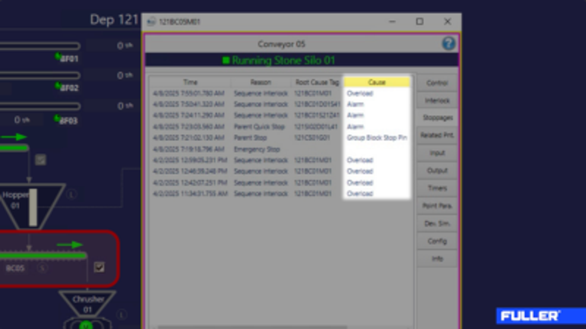 Root cause stoppages list in ECS/ControlCenter™ showing stop reasons, states and timestamps