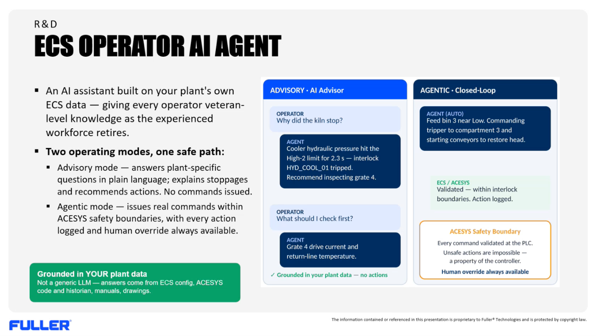 ECS Operator AI Agent with advisory and agentic mode, issuing commands within ACESYS safety boundaries in a cement plant control system