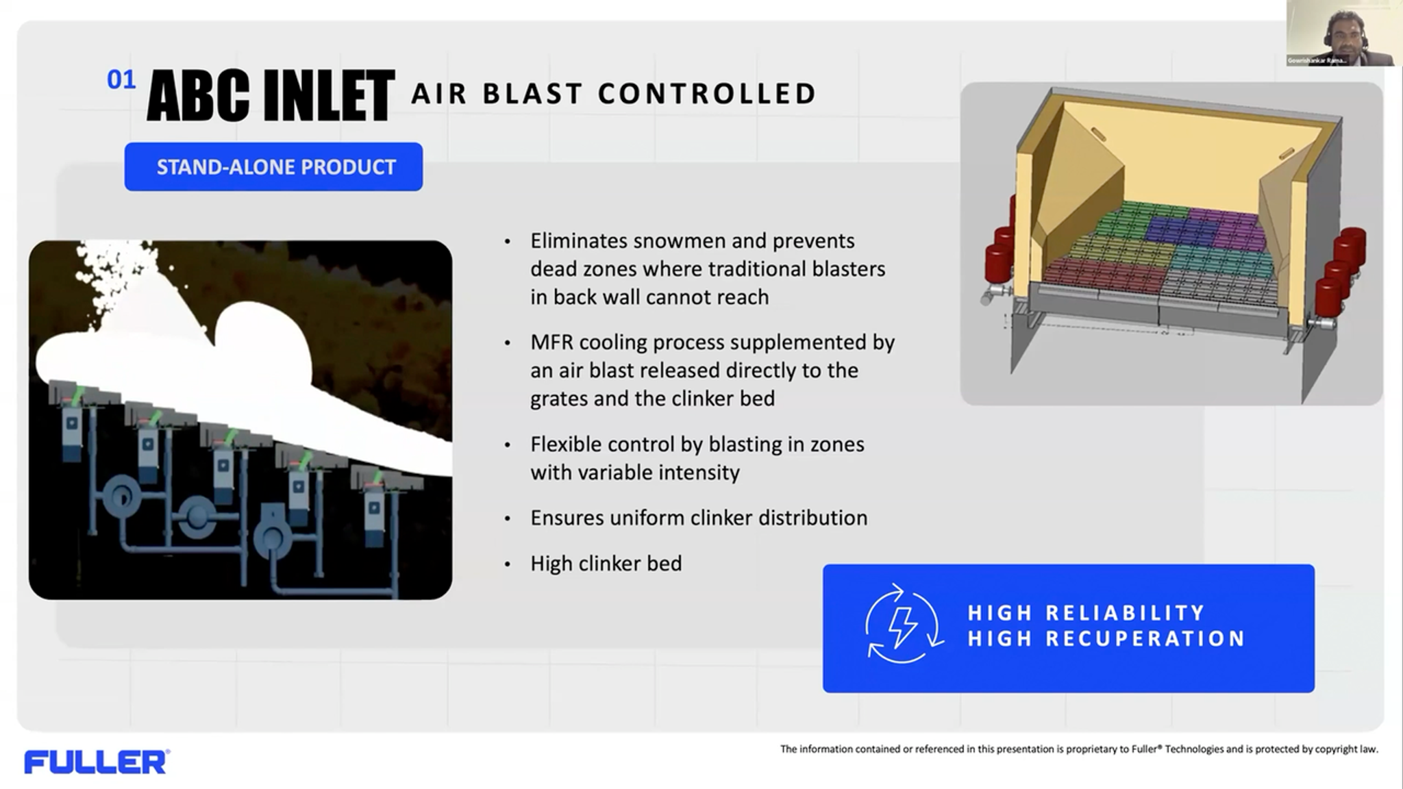Fuller ABC inlet: air-blast-controlled fixed inlet that eliminates snowmen in clinker coolers using zoned air blasts through the grate plates