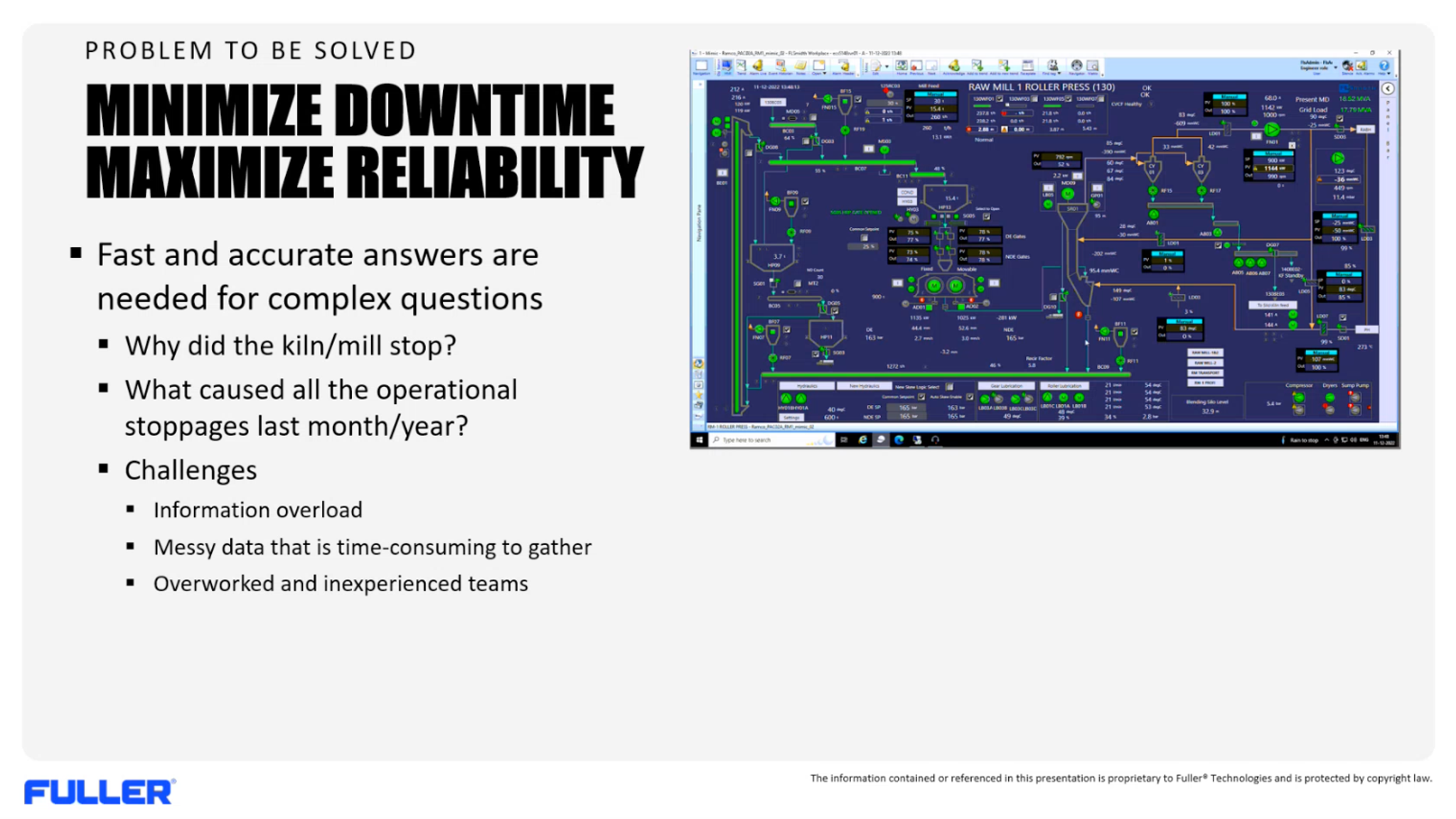Cement plant downtime challenges: complex stoppage questions, information overload, and an ECS process control screen of a roller press