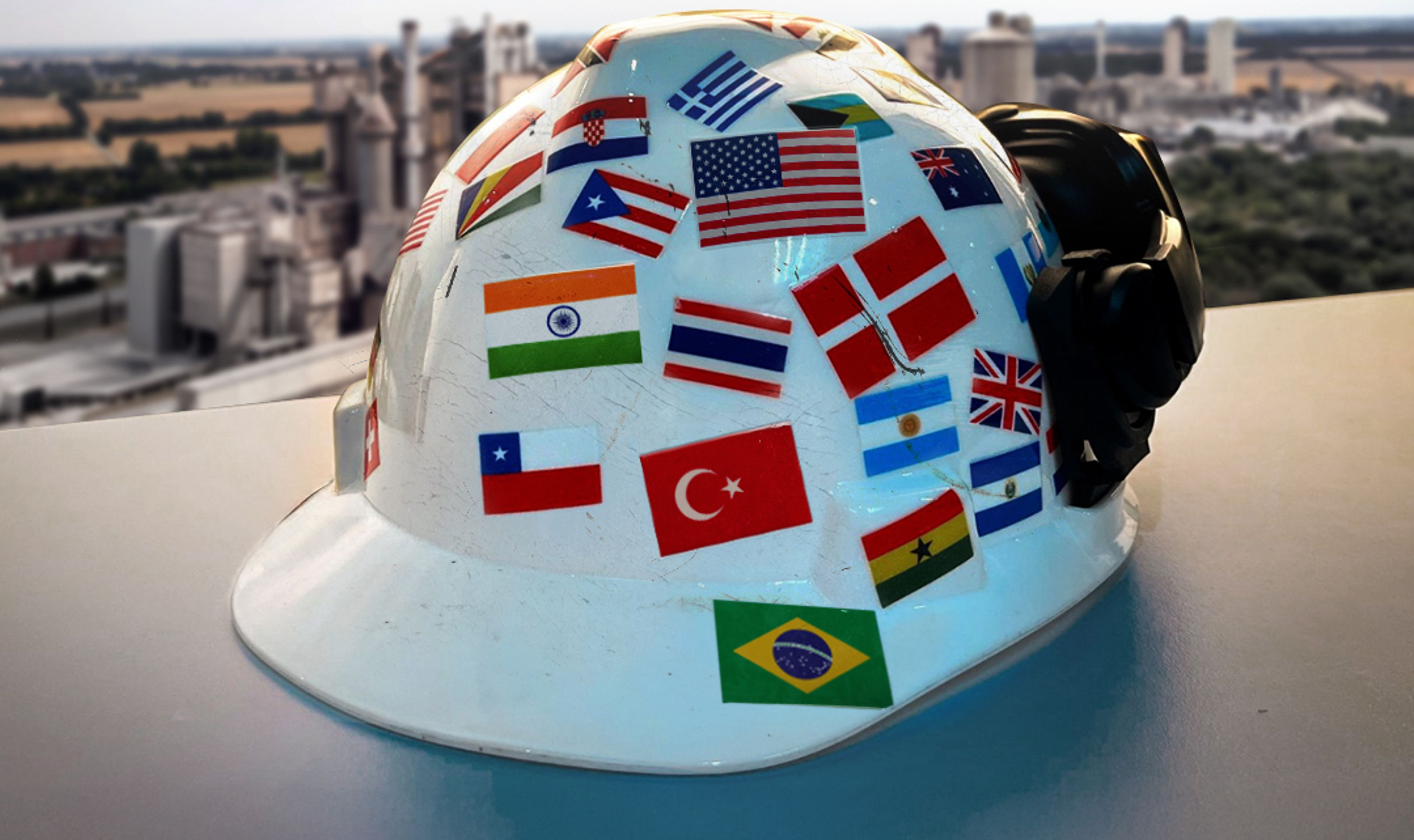 Hard hat with various national flags
