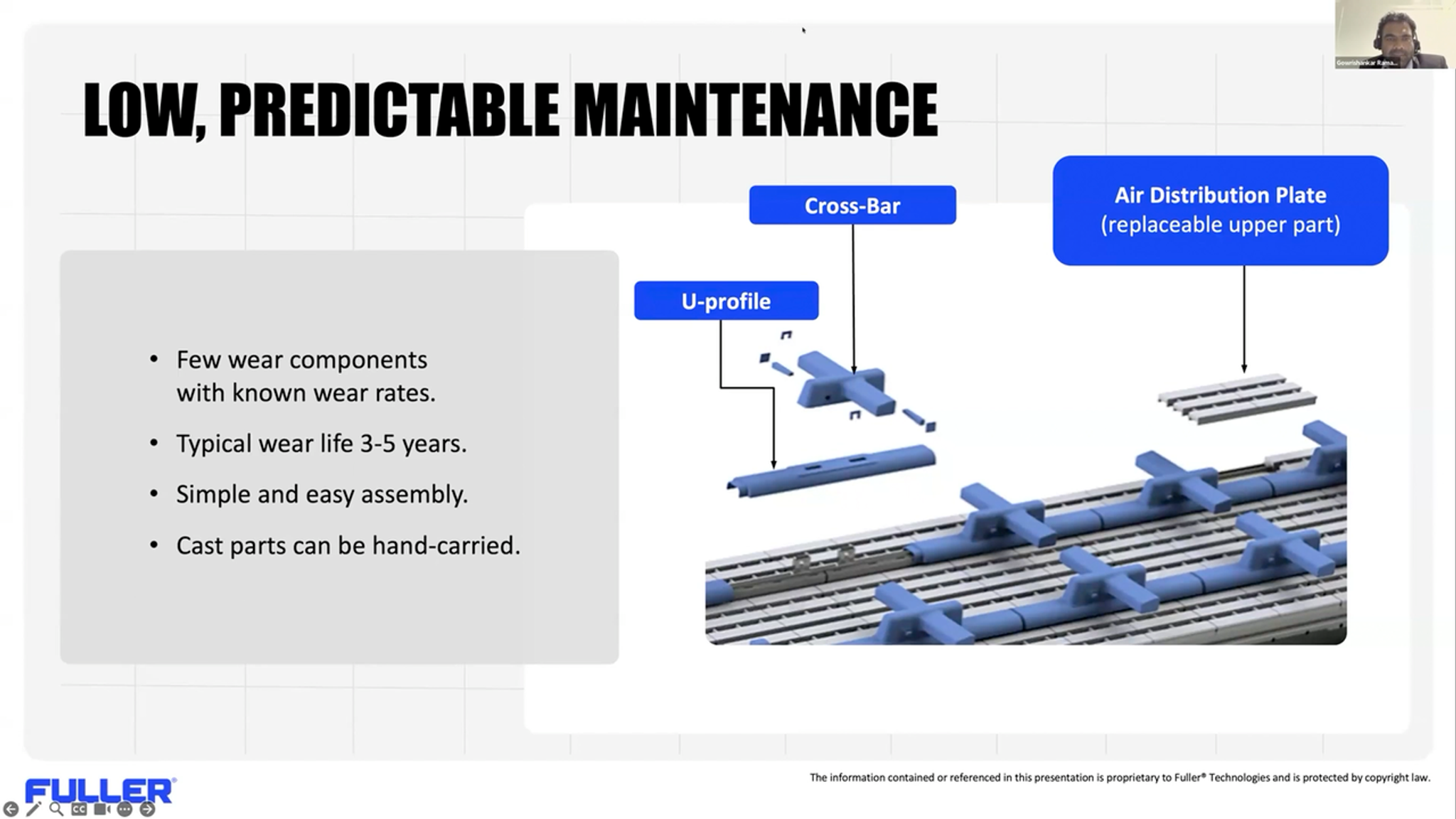 Cross-Bar cooler wear parts: cross-bars, U-profiles and replaceable air distribution plate tops, with a typical wear life of 3 to 5 years